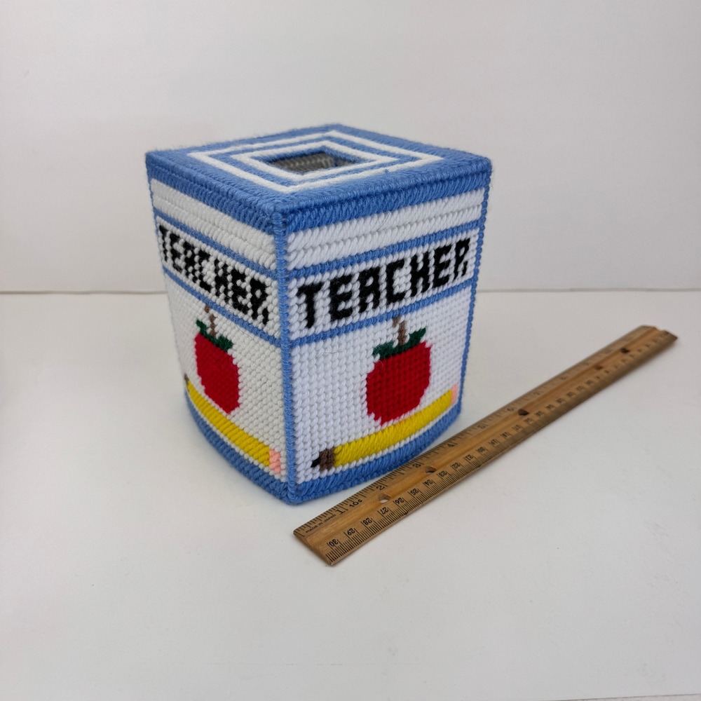 Vtg Square Teacher Plastic Canvas Yarn Tissue Box Cover Blue White Apple Pencil